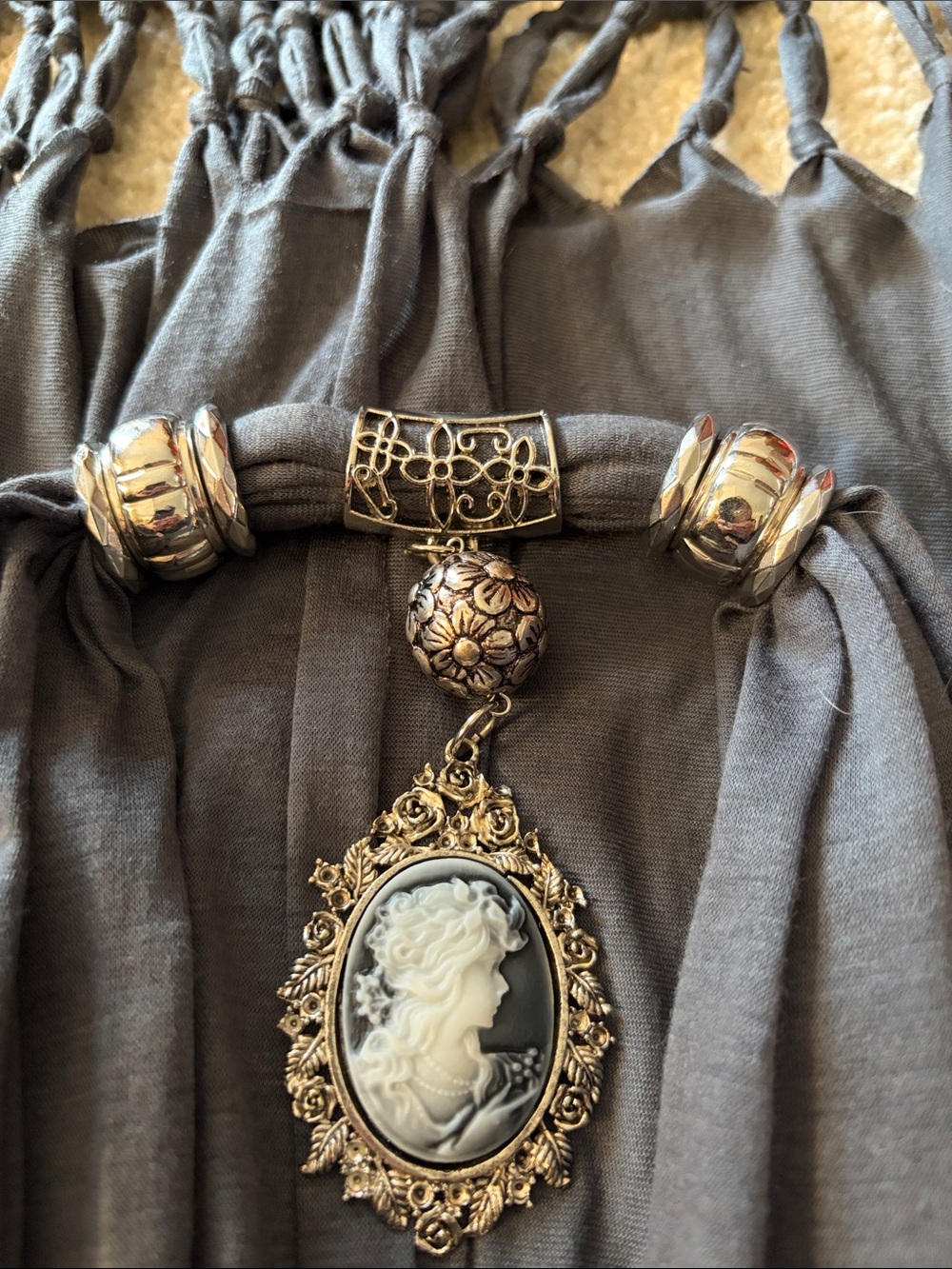 Gray Cameo Pendant Scarf Necklace - Women's Fashion Jewelry - Picture 6 of 14